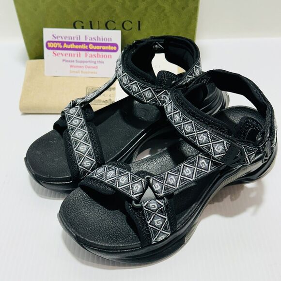 Gucci Run 10/US 10.5 Touch Strap Sandals Square G Jacquard Canvas Black NIB $970 - Picture 3 of 12